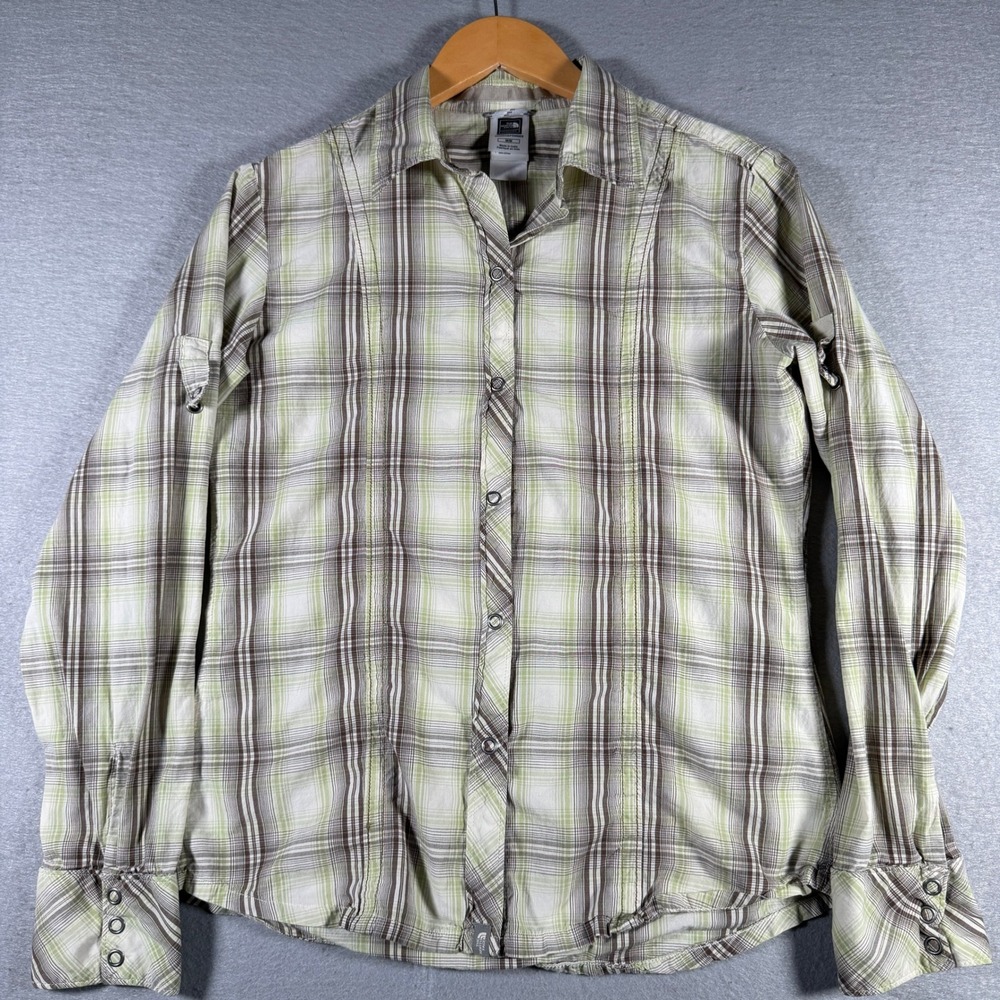 The North Face A5 Series Womens‎ Medium Green Brown Plaid Snap Roll Tab Shirt